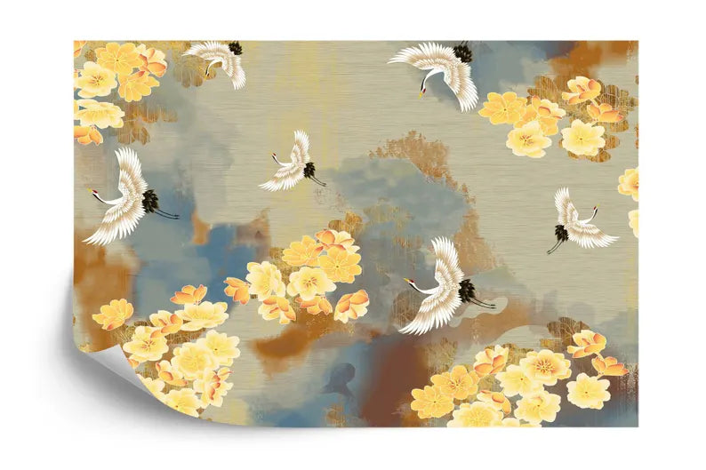 Full pattern view of flying cranes chinoiserie wallpaper showing repeating design with birds and Asian botanical artwork