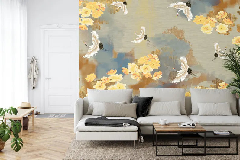 Traditional Chinese-inspired wallpaper featuring graceful cranes in flight with botanical elements and artistic brushwork