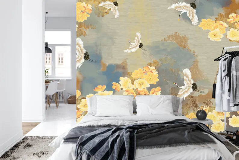 Elegant flying cranes wallpaper in chinoiserie style with traditional Asian artistic elements and nature scenes
