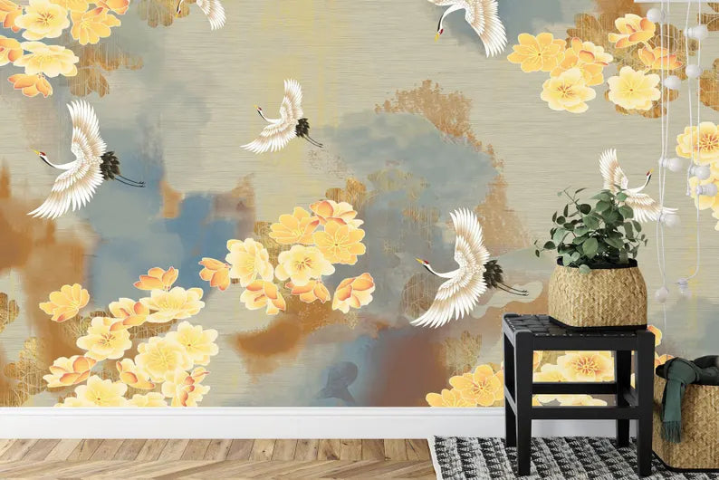Detailed view of chinoiserie crane wallpaper showing intricate feather details and oriental floral motifs