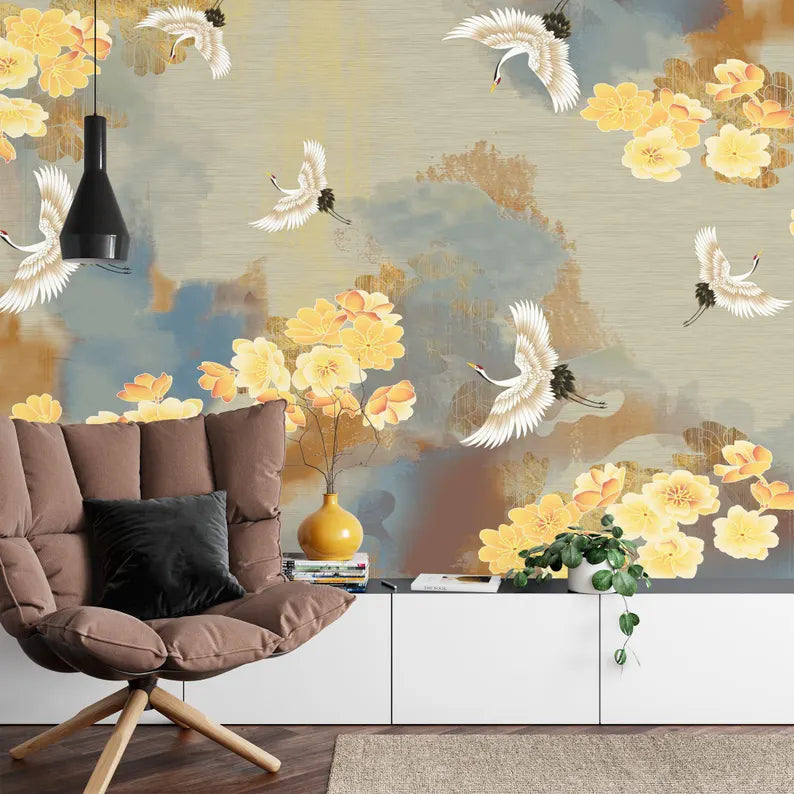 Chinoiserie wallpaper featuring multiple cranes in graceful flight positions with traditional oriental decorative elements
