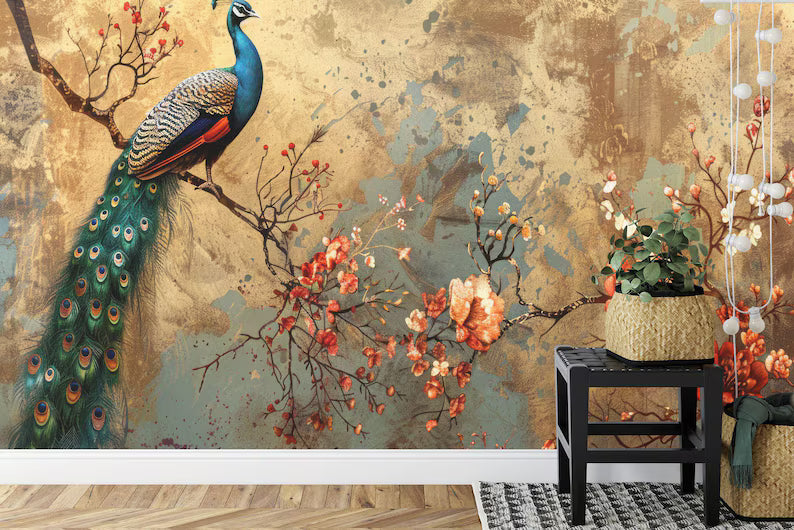 Wallpaper, Peacock Floral Garland Art Print