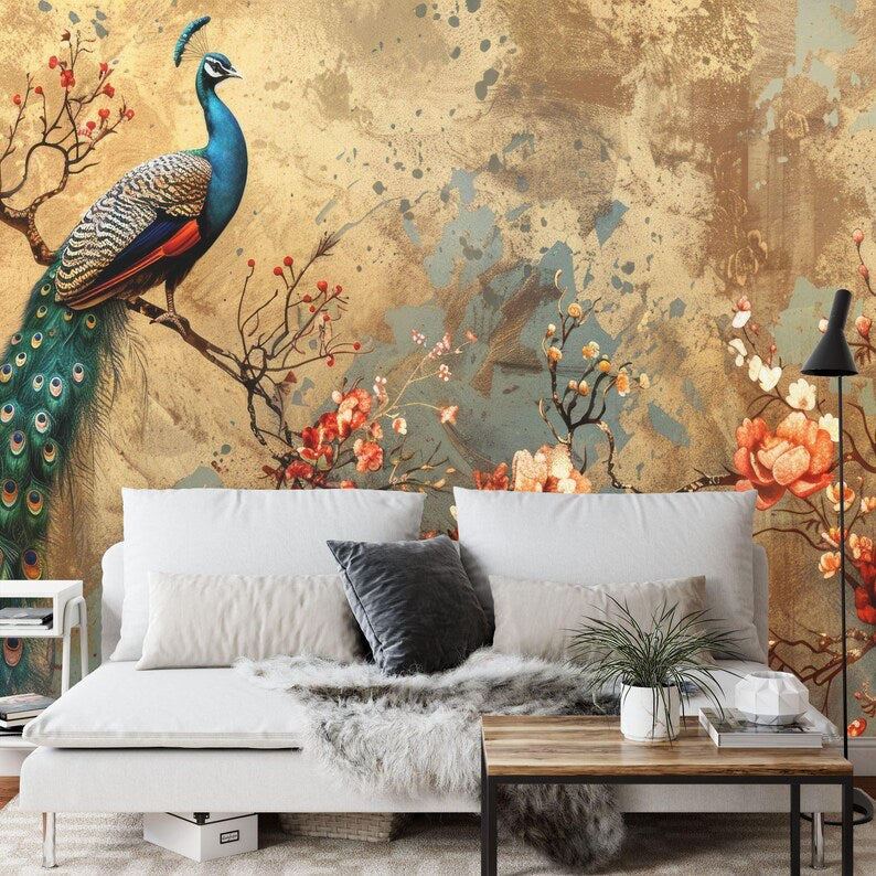 Wallpaper, Peacock Floral Garland Art Print