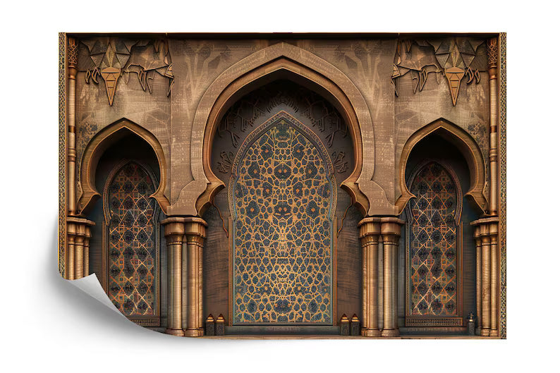 Traditional Islamic arches wallpaper featuring Arabian Nights style with intricate architectural details
