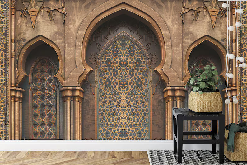 Decorative Islamic arches wall mural with elegant Arabian-inspired motifs and classic arch formations
