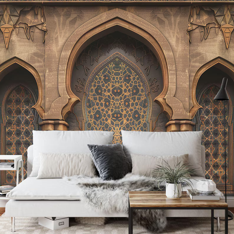 Islamic archway wallpaper design with ornamental details and Arabian Nights aesthetic for interior walls
