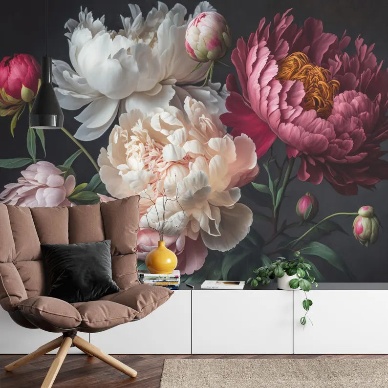 Baroque Peonies Wallpaper Mural, Rich Deep Colors, Easy-Install