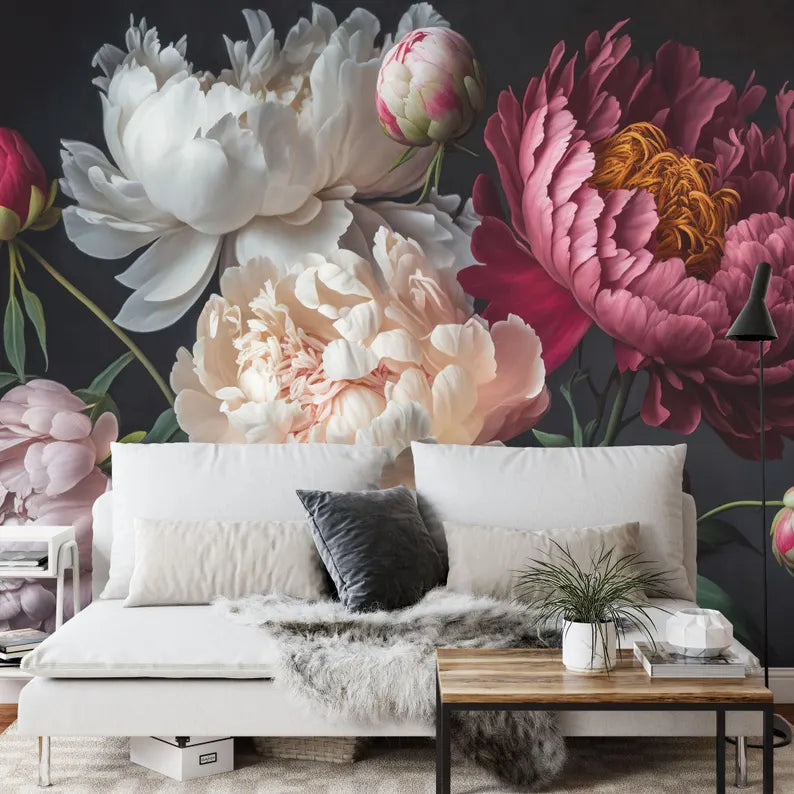 Baroque Peonies Wallpaper Mural, Rich Deep Colors, Easy-Install