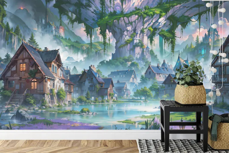 Enchanted Village Wallpaper Mural, Kids Room Decor