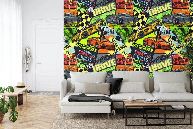 Speed Cars Racing Wallpaper, Boys Room Decor Gift