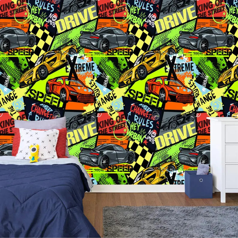 Speed Cars Racing Wallpaper, Boys Room Decor Gift