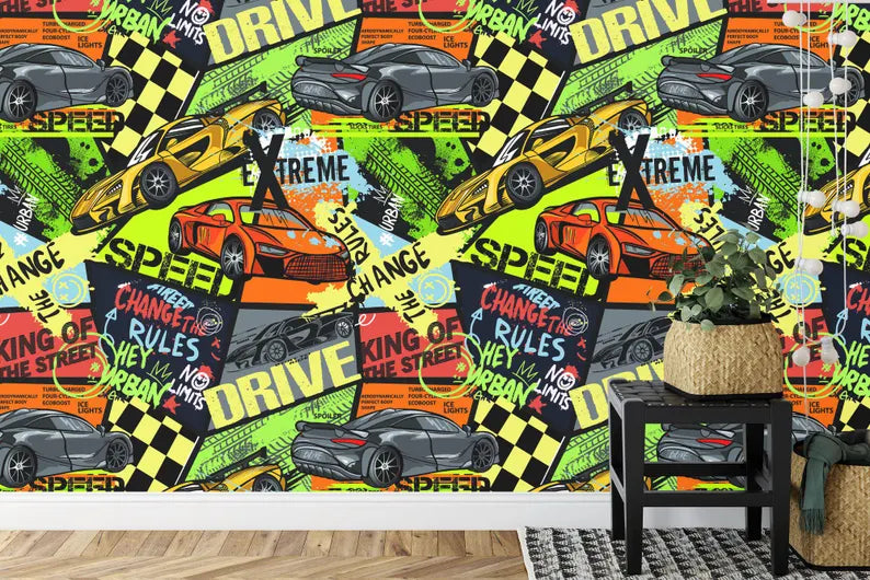 Speed Cars Racing Wallpaper, Boys Room Decor Gift