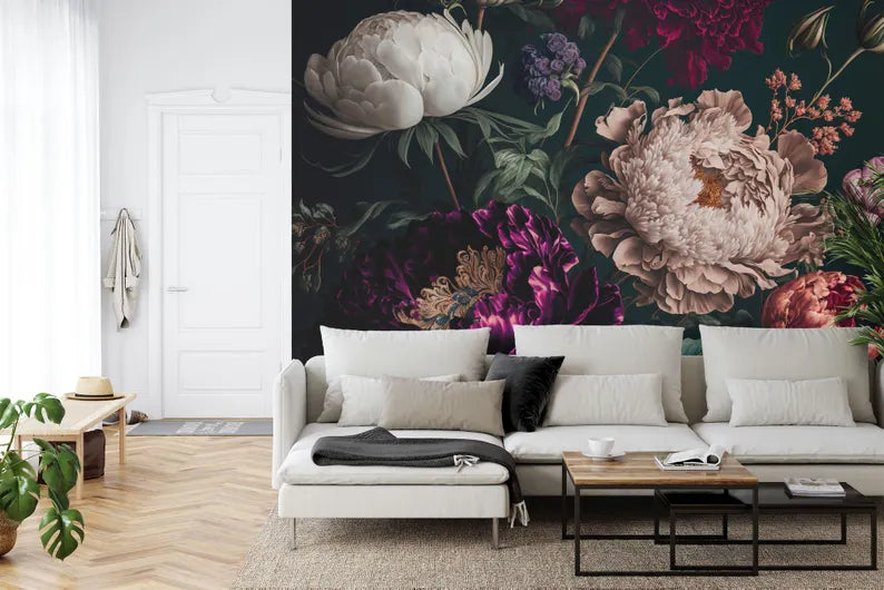 Baroque Peonies Wallpaper Mural, Rich Deep Colors