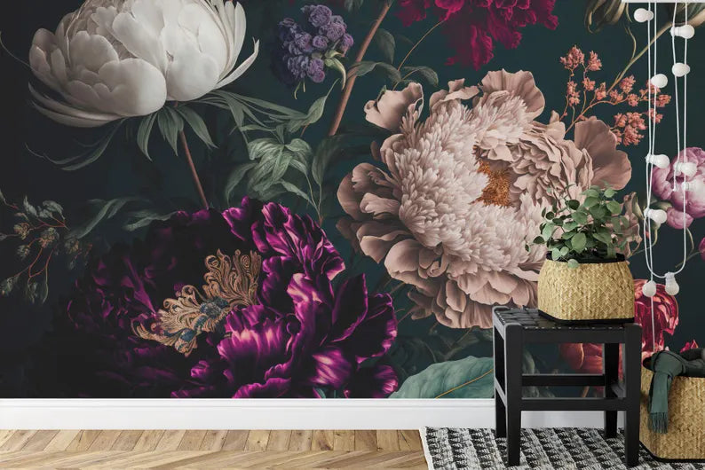 Baroque Peonies Wallpaper Mural, Rich Deep Colors