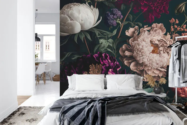Baroque Peonies Wallpaper Mural, Rich Deep Colors