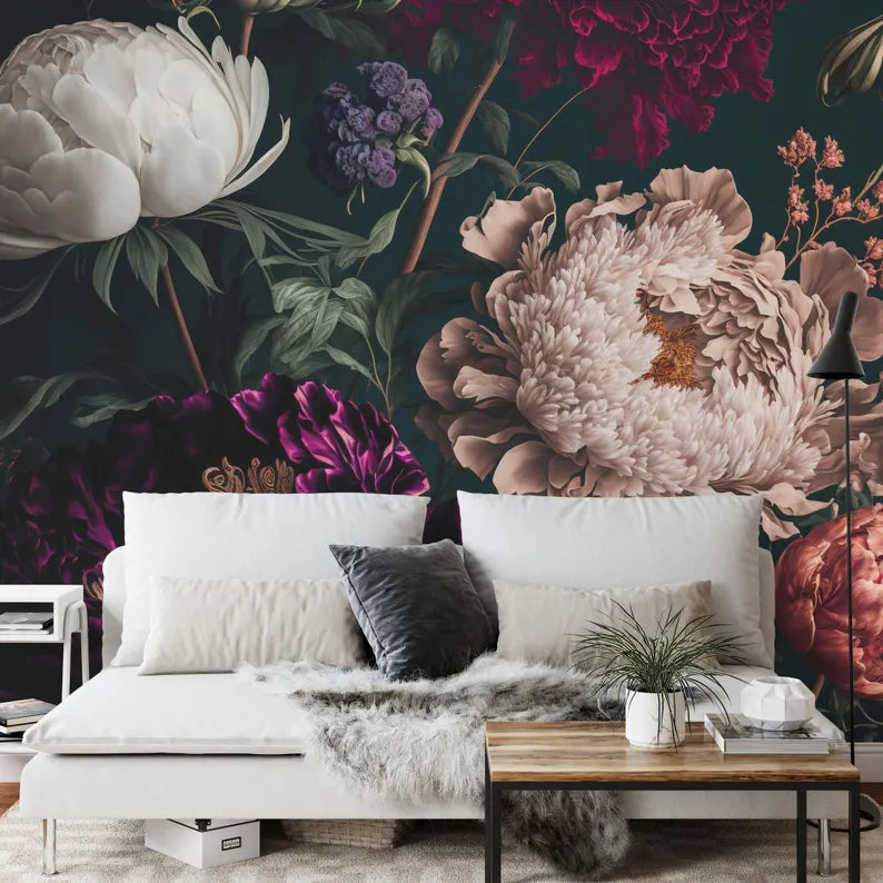 Baroque Peonies Wallpaper Mural, Rich Deep Colors