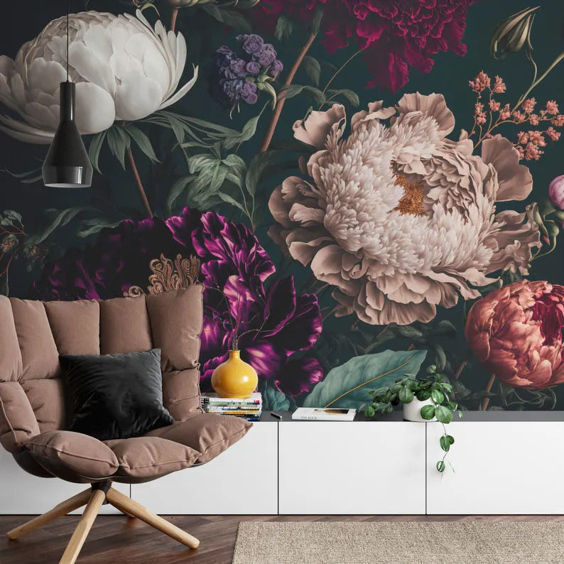 Baroque Peonies Wallpaper Mural, Rich Deep Colors