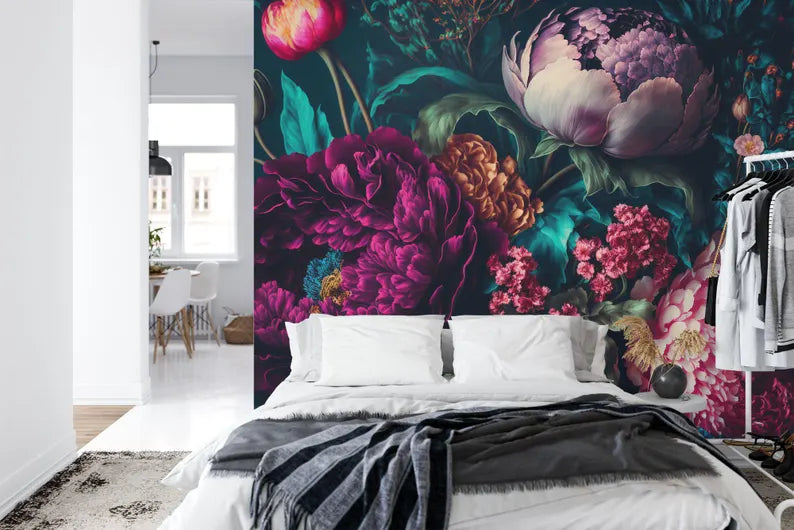 Vintage baroque peony wallpaper design with romantic pink flowers and classical ornamental patterns