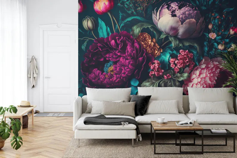 Baroque Peony Wallpaper Mural, Rich Deep Colors