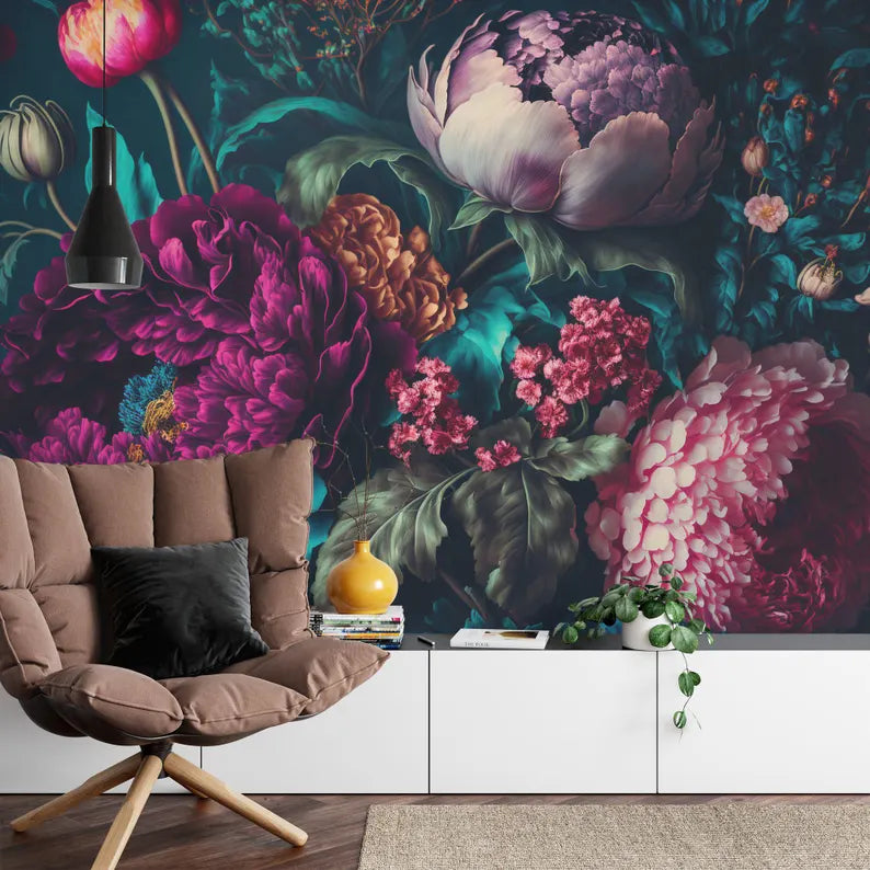 Large-scale baroque peony wallpaper with delicate pink blooms and ornate decorative accents