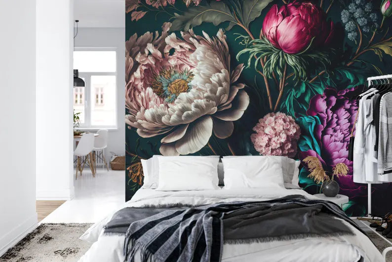Baroque Peony Wall Mural, Rich Deep Colors