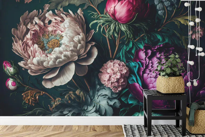 Baroque Peony Wall Mural, Rich Deep Colors