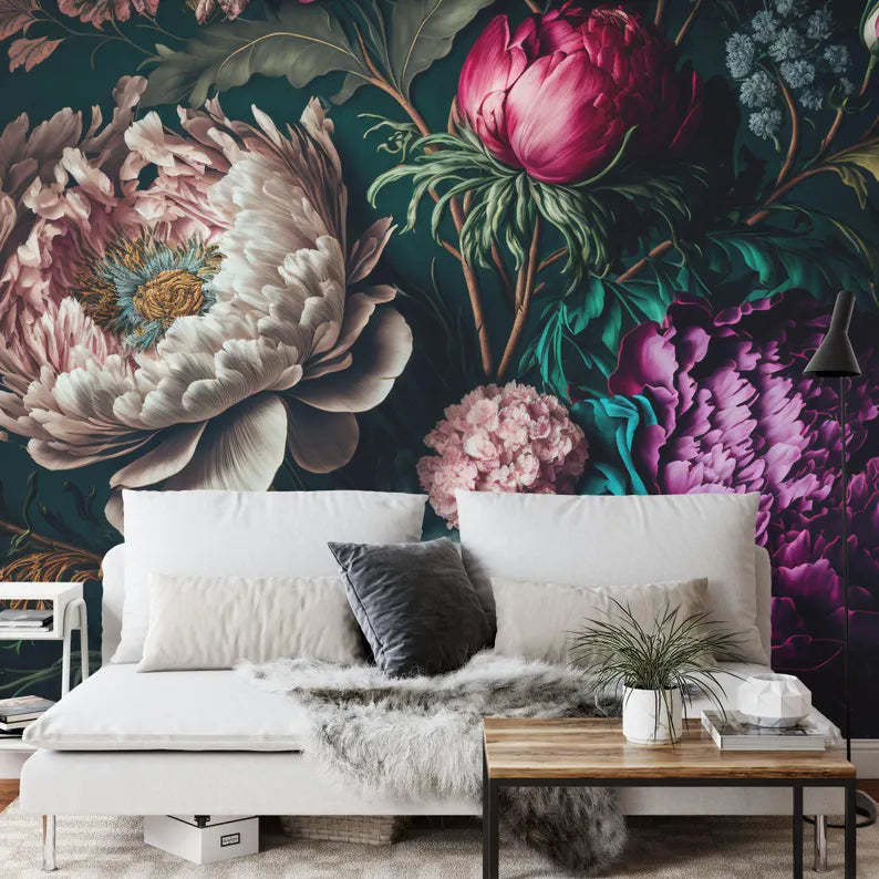Baroque Peony Wall Mural, Rich Deep Colors