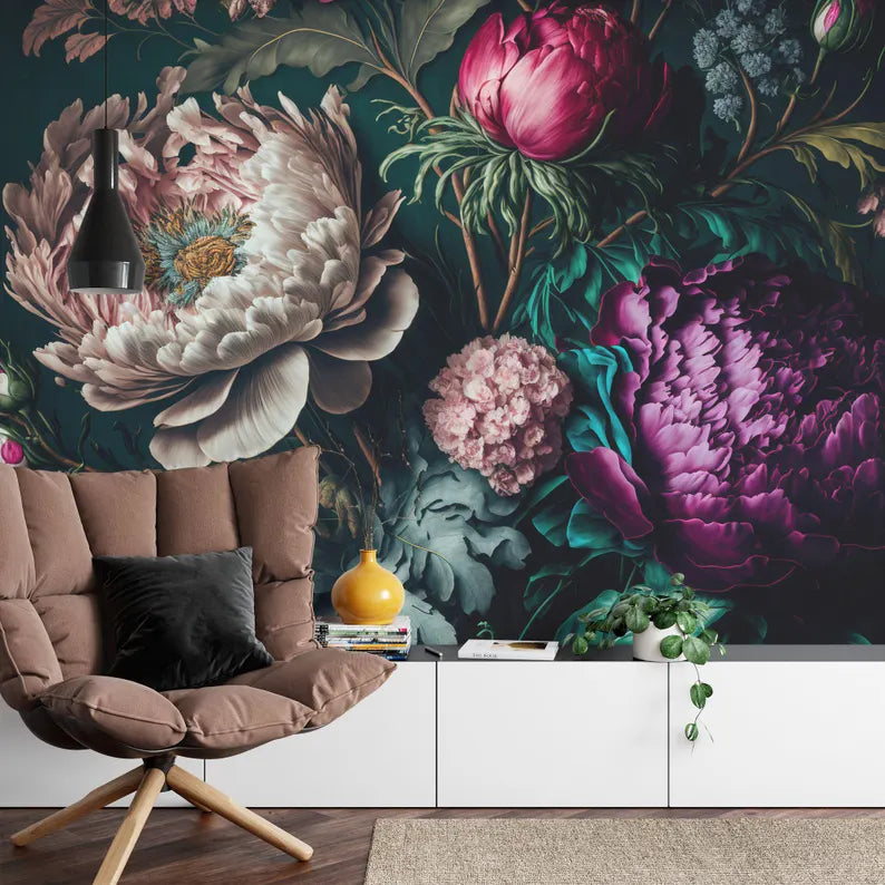 Baroque Peony Wall Mural, Rich Deep Colors