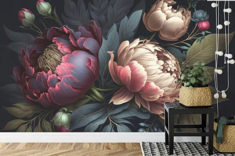 Baroque Peony Flower Wall Mural, Rich Colors