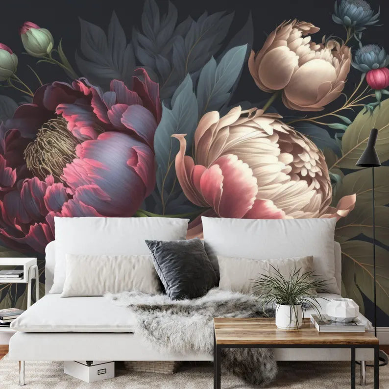 Baroque Peony Flower Wall Mural, Rich Colors