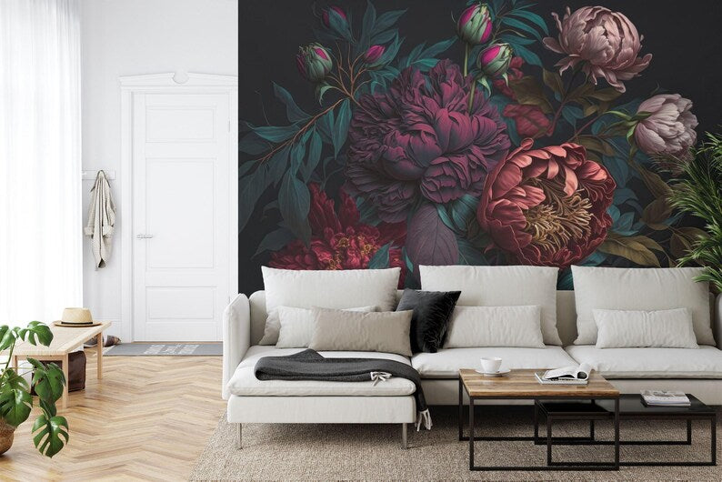 Baroque Peony Wall Mural, Rich Deep Colors