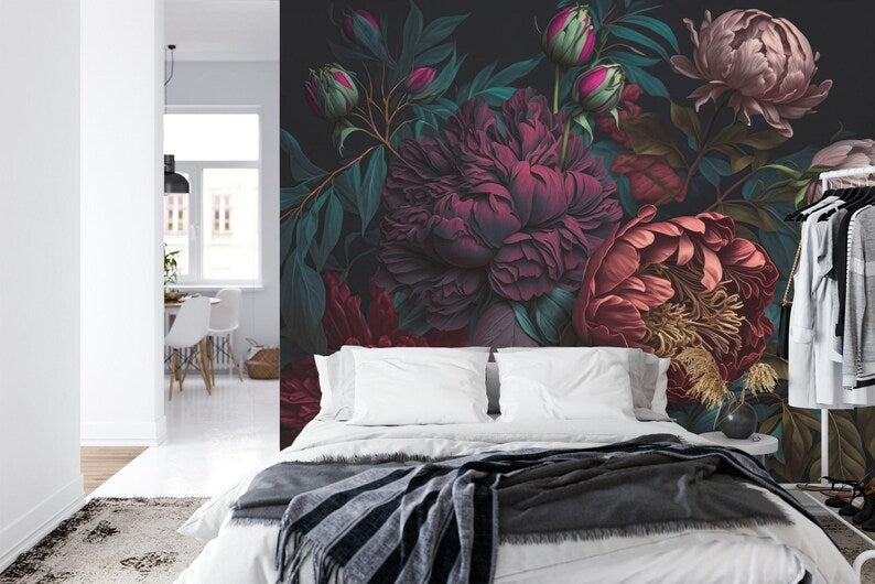 Baroque Peony Wall Mural, Rich Deep Colors