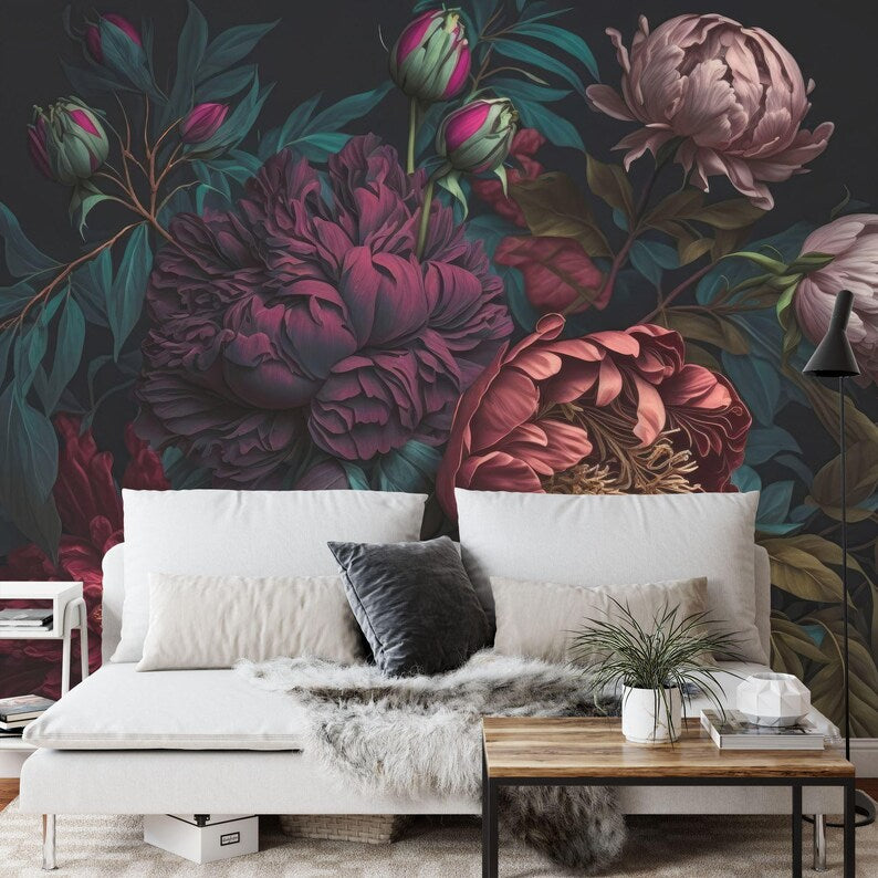 Baroque Peony Wall Mural, Rich Deep Colors