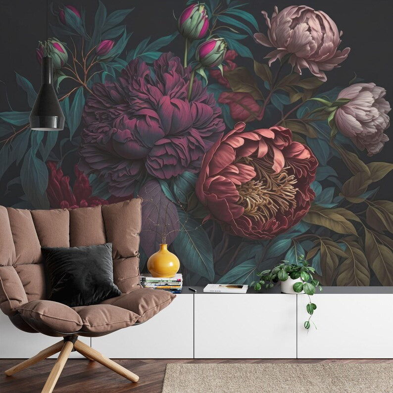 Baroque Peony Wall Mural, Rich Deep Colors