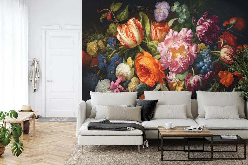 Baroque Peonies Wallpaper Mural, Rich Deep Colors, Art Print
