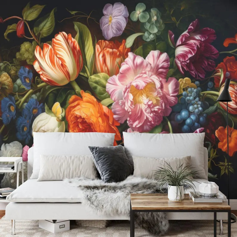 Baroque Peonies Wallpaper Mural, Rich Deep Colors, Art Print