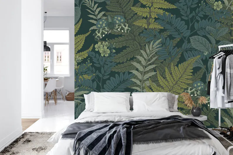 Fern Leaves and Butterflies Wallpaper Mural