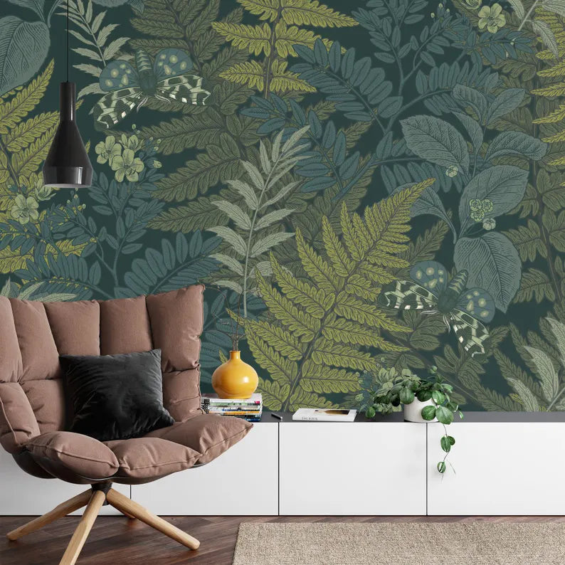 Fern Leaves and Butterflies Wallpaper Mural