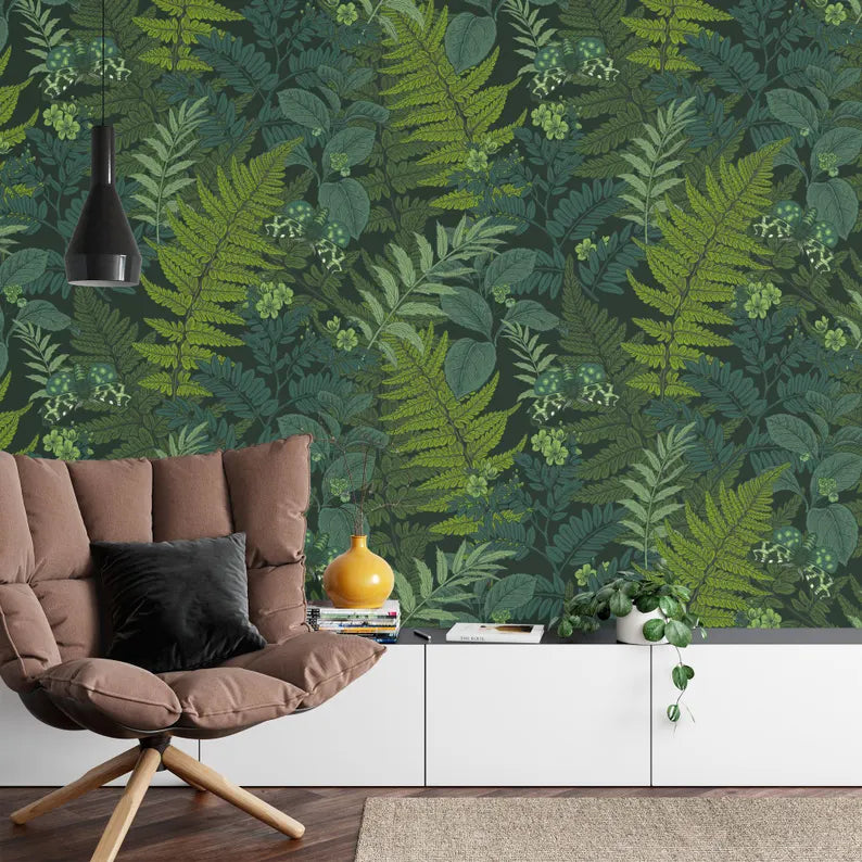 Fern Leaves and Night Butterflies Wallpaper Mural