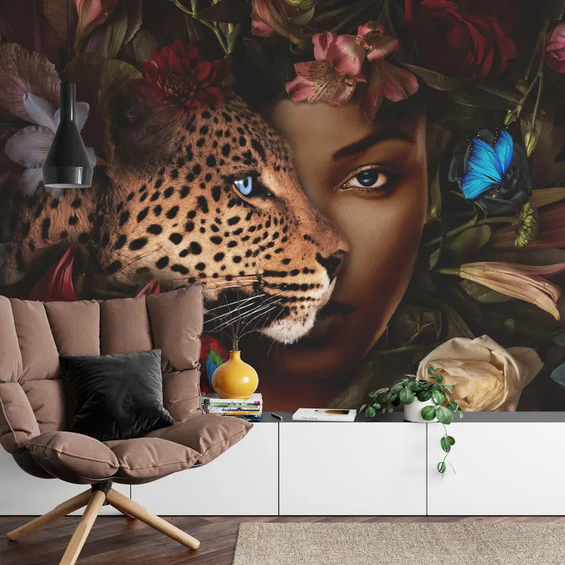 Dark Floral Leopard Wallpaper Mural