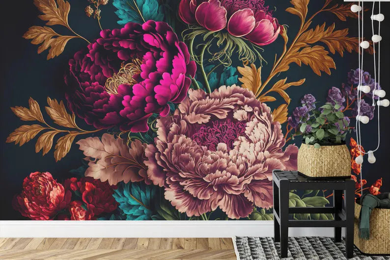 Baroque Flowers Peony Wallpaper Mural, Rich Colors