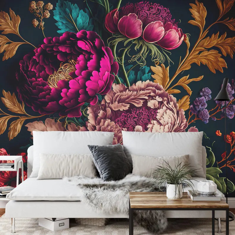 Baroque Flowers Peony Wallpaper Mural, Rich Colors
