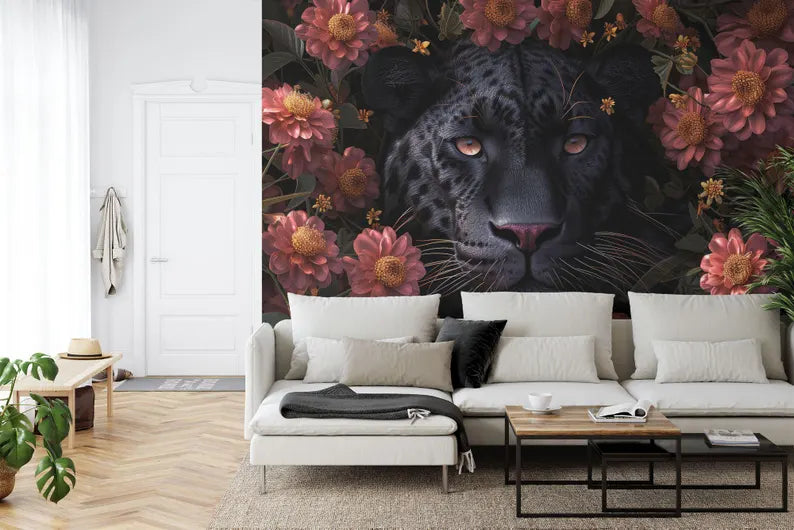 Black Leopard Floral Wall Mural, Pink & Yellow Flowers