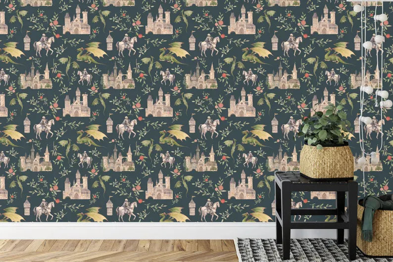 Wallpaper, Fantasy Castle Dragon Mural, Knights & Floral