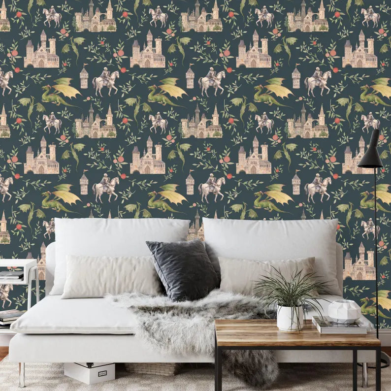 Wallpaper, Fantasy Castle Dragon Mural, Knights & Floral