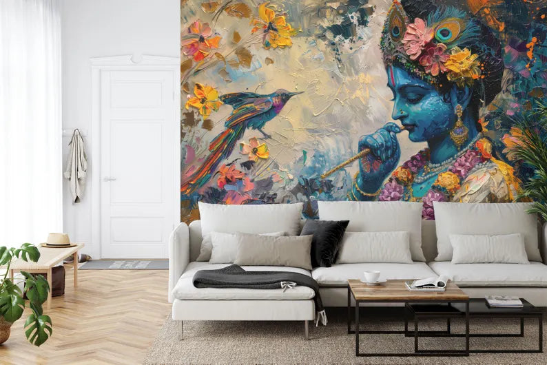 Krishna Painting Wallpaper Mural, Hindu Art Print