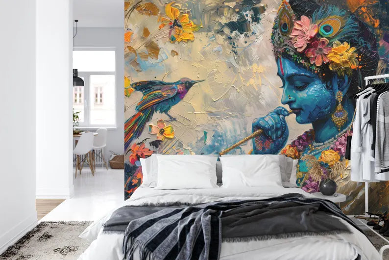 Krishna Painting Wallpaper Mural, Hindu Art Print