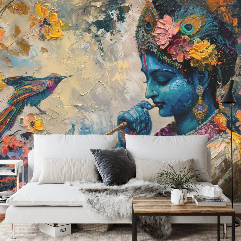 Krishna Painting Wallpaper Mural, Hindu Art Print