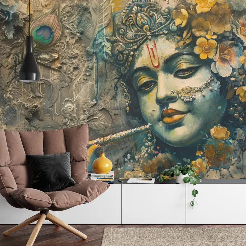 Krishna Painting Wallpaper Mural – Hinduism Art Print