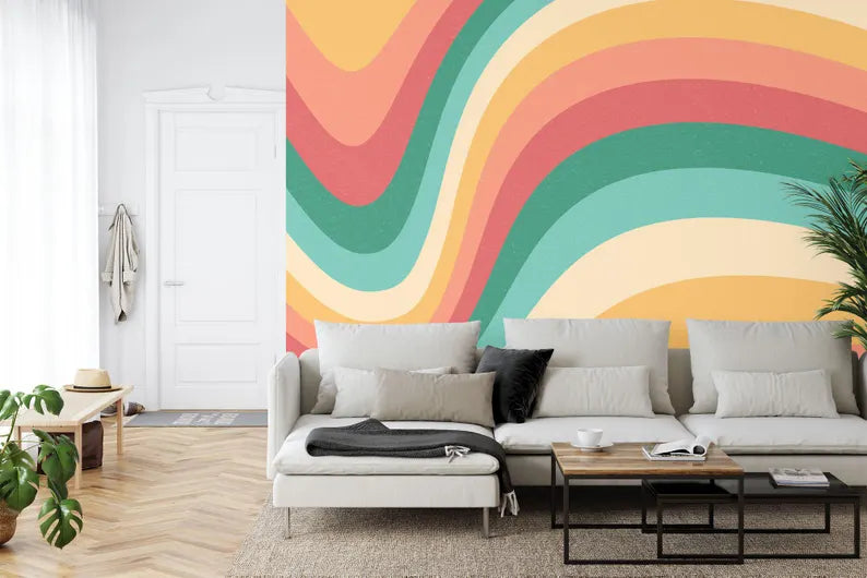 Retro Wavy Wallpaper Mural, Colorful Abstract